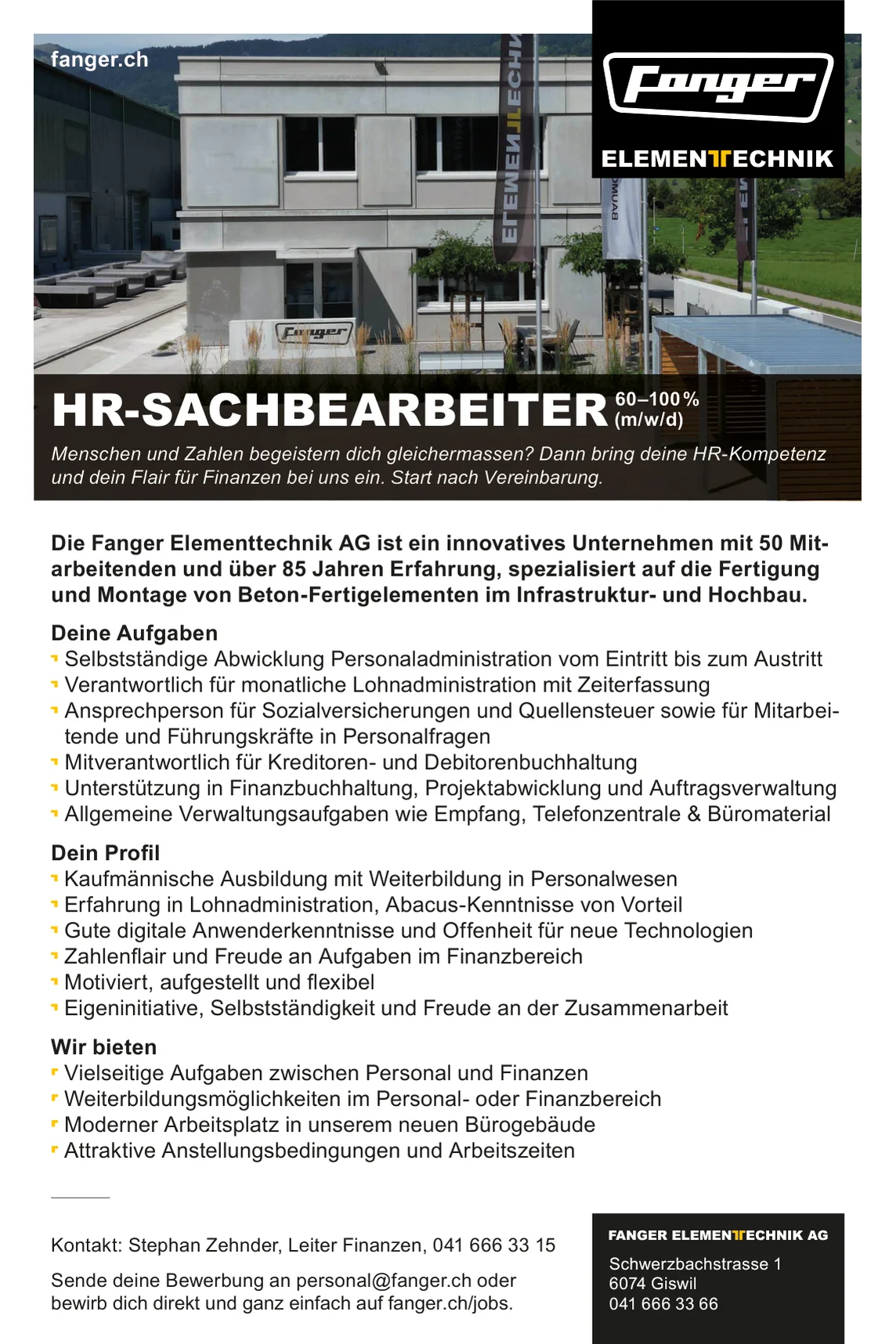 Inserat: HR-Sachbearbeiter (m/w/d) 60–100 %